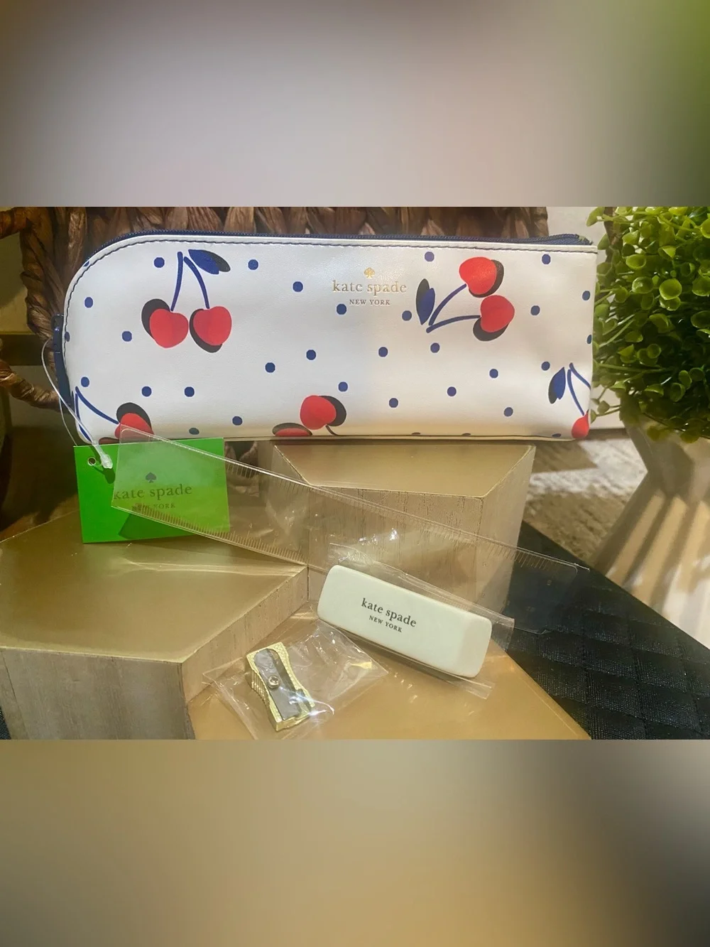 kate spade white Pencil Pouch with red cherries and navy dots